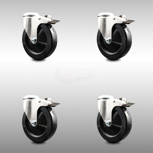 5 Inch 316SS Soft Rubber Swivel Bolt Hole Caster Set with Lock Brake SCC